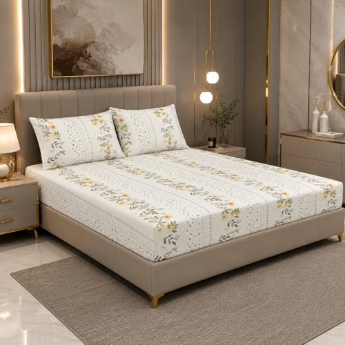 Image of Premium Cotton King Size All Around Elastic Fitted Bedsheet Set with 2 Pillow Covers | Soft & Breathable Fabric | Secure 360 Elastic Fit (72 inch x 78 inch inches, Whitefield)