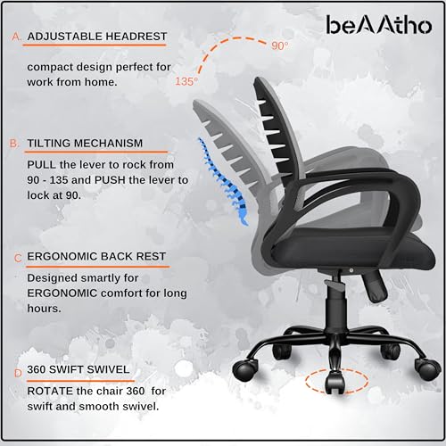 beAAtho® Verona Mesh Mid-Back Ergonomic Home Office Chair | 3-Years Limited Warranty | Tilting & Height Adjustable Mechanism, Heavy Duty Metal Base... - Image 5