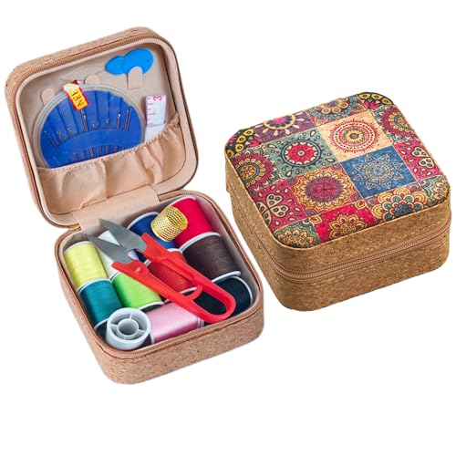 Sewing Box,Portable Travel Sewing Kit ，Vintage Soft Wood Print Sewing Kit,Mini Sewing Kits Storage Box,with 11 Color Thread, Scissors, Needles, Tape Measure and Other Accessories (Sunflower)