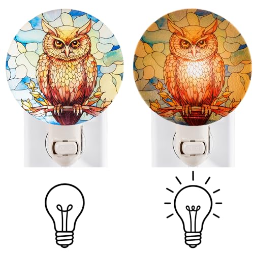 Image of Owl Night Light Vintage Retro Cottage Core Bird Figurine Plug in Wall On /Off Switch Tiffany Stained Glass Style