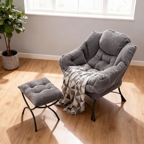 Corduroy Lazy Chair with Ottoman, Ergonomic Comfy Reading Chair for Living Room, Bedroom & Office in Small Spaces