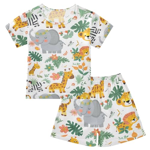 ALAZA Elephant Giraffe Leopard Tiger Pajamas Short Sleeve 2 Piece Sleepwear Top and Bottom Pajama Set Unisex