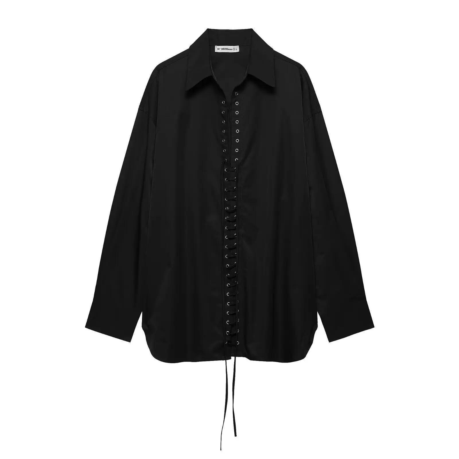 Camicia Donna con Colletto Versatile Ampio A 6 Colori Camicetta da Casual Chic Ampia Maniche Lunghe Rovesciato Lacci-Marrone-l