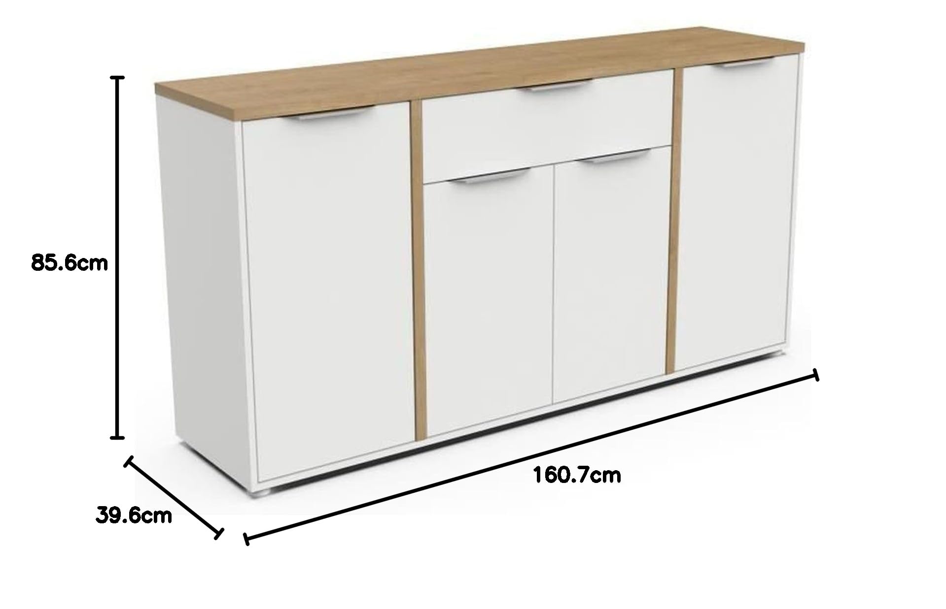 Buffet Moderne 4 Portes & 1 Tiroir – Style Scandinave – Coloris Blanc Mat & Chêne Hamilton - 160,7 x 39,6 x 85,6 cm