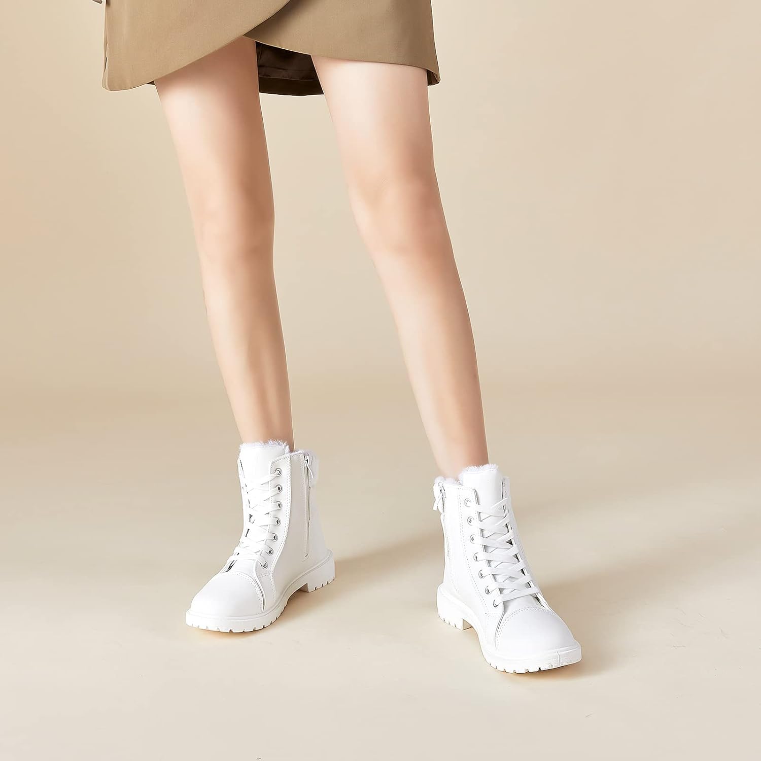 Waluzs Women's White & Black Ankle Combat Boots - Fuzzy Lace Up Snow Boots For Winter - Image 5