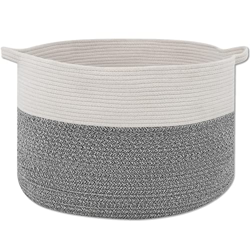 Cesta de lavandería tejida de cuerda de algodón, cesta de lavandería redonda alta con asa, manta de almacenamiento tejida, toalla, almohada (gris)