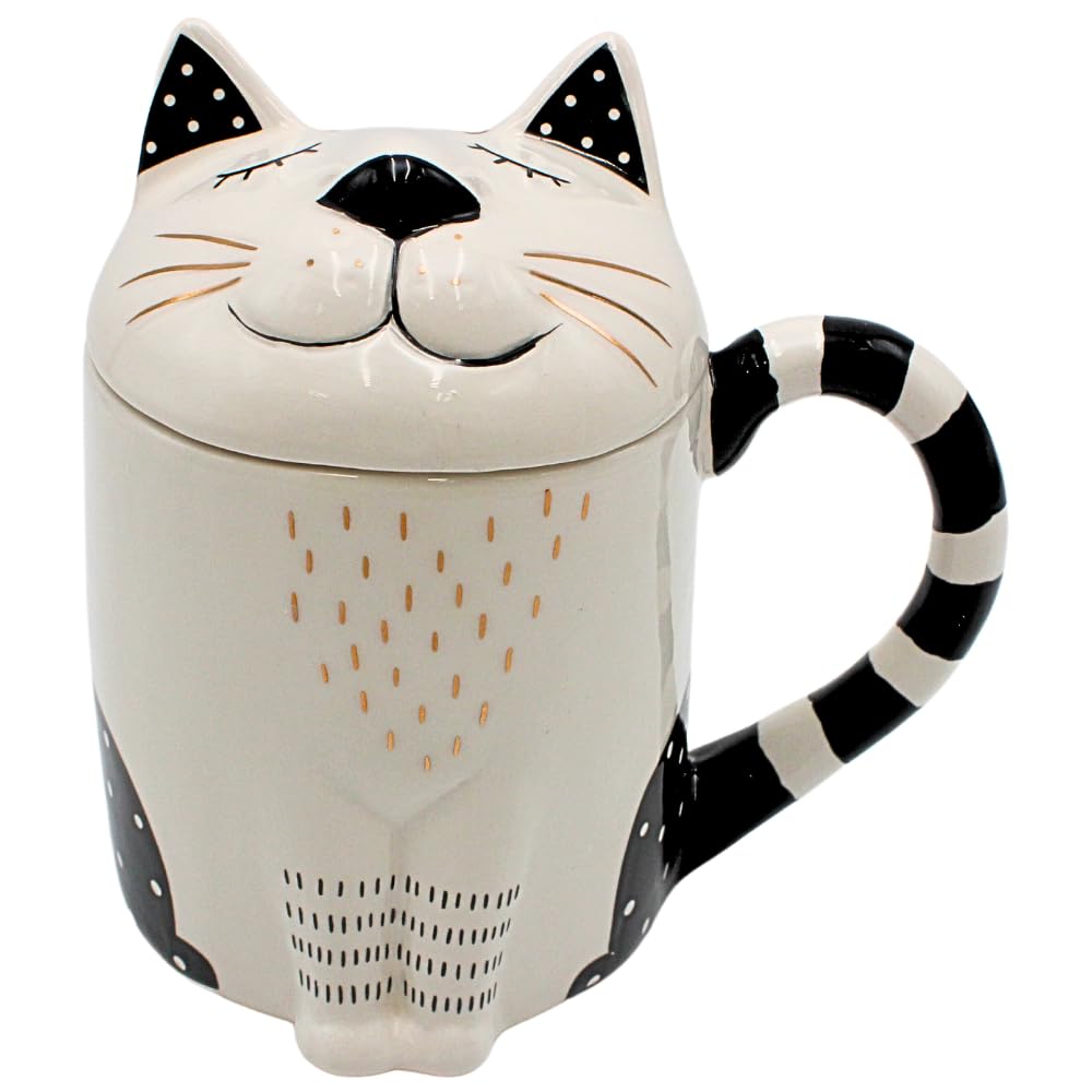 Dekohelden24 Coffee Mug, Tea Cup as cat with Ceramic lid, Black/White and Gold, Size: Height Approx. 14 x 9 cm, Capacity Approx. 400 ml