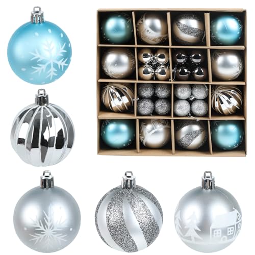 JOFONY Weihnachtsbaumkugeln,44 Stück Weihnachtskugeln Set,6cm und 3cm Christbaumkugeln Weihnachtsbaumschmuck Weihnachtskugeln Blau Silber baumkugeln für Indoor Outdoor Weihnachtsbaum Deko