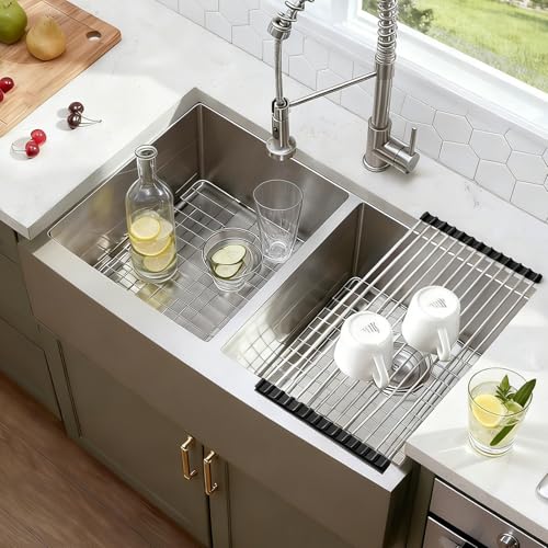 Image of SHACO 33 Inch Double Bowl Divided 50 /50 Farmhouse Sink, 33x21 Stainless Steel Undermount Apron Front Farm Kitchen Sink