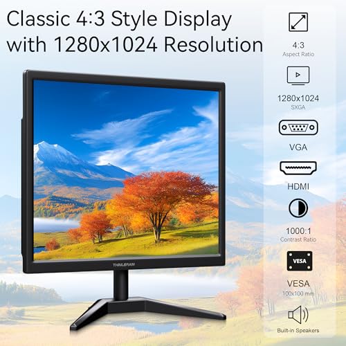 Image of 17 Inch Computer Monitor, 4:3 1280x1024 Small Desktop Square Monitor with VGA HDMI, VESA Wall Mountable, Built-in Speakers for Office POS Raspberry Pi Industrial
