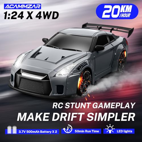 Image of ACAMMZAR RC Drift Car, 1:24 Remote Control Car for Kids, 20KM /H 4WD High Speed RC Cars with Lights, Extra Racing Tires, Vehicle for Adults Boys Girls, Gray