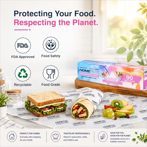 Image of HOMEFOIL Greaseproof Food Wrapping Paper Roll 90 Meter | Butter Paper | Oil Resistant | Food Grade | Microwave & Oven Safe | Ideal for Chapati, Roti Wrapping, Sandwich & Lunch Box