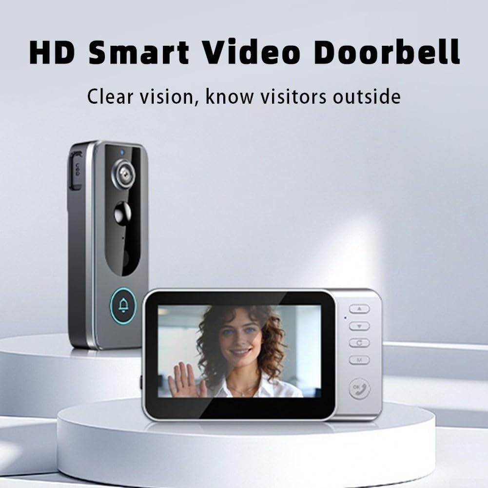 Sonnette vidéo intelligente avec écran de 4,3", système d'interphone sans fil pour vision nocturne, objectif grand angle de 115 degrés, résistant aux intempéries, noir
