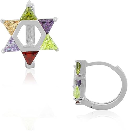 Miniatura 2 de Aretes de aro de plata de ley 925 con circonita cúbica transparente y multicolor con estrella judía de David