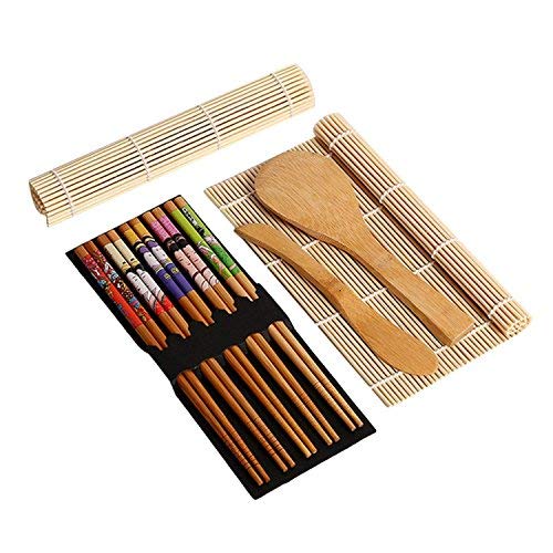 Sushi Making Kit – 9 Pieces, Hard Bamboo, Includes 5 x Chopsticks, 2 x Sushi Rolling Mats, 1 x Rice Paddle, 1x Rice Spreader |100% Bamboo Sushi Mats and Utensils | Includes a Free Sushi Making EBook