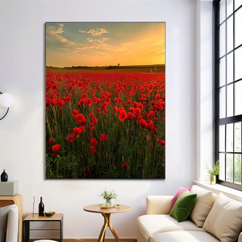 Póster de Lienzo con Pintura de Campo De Amapolas, Impresiones de Paisaje Flores, Arte de Pared Moderni, Decoración de Habitación Hogar, Foto de Rojo, sin Marco, 40x50cm