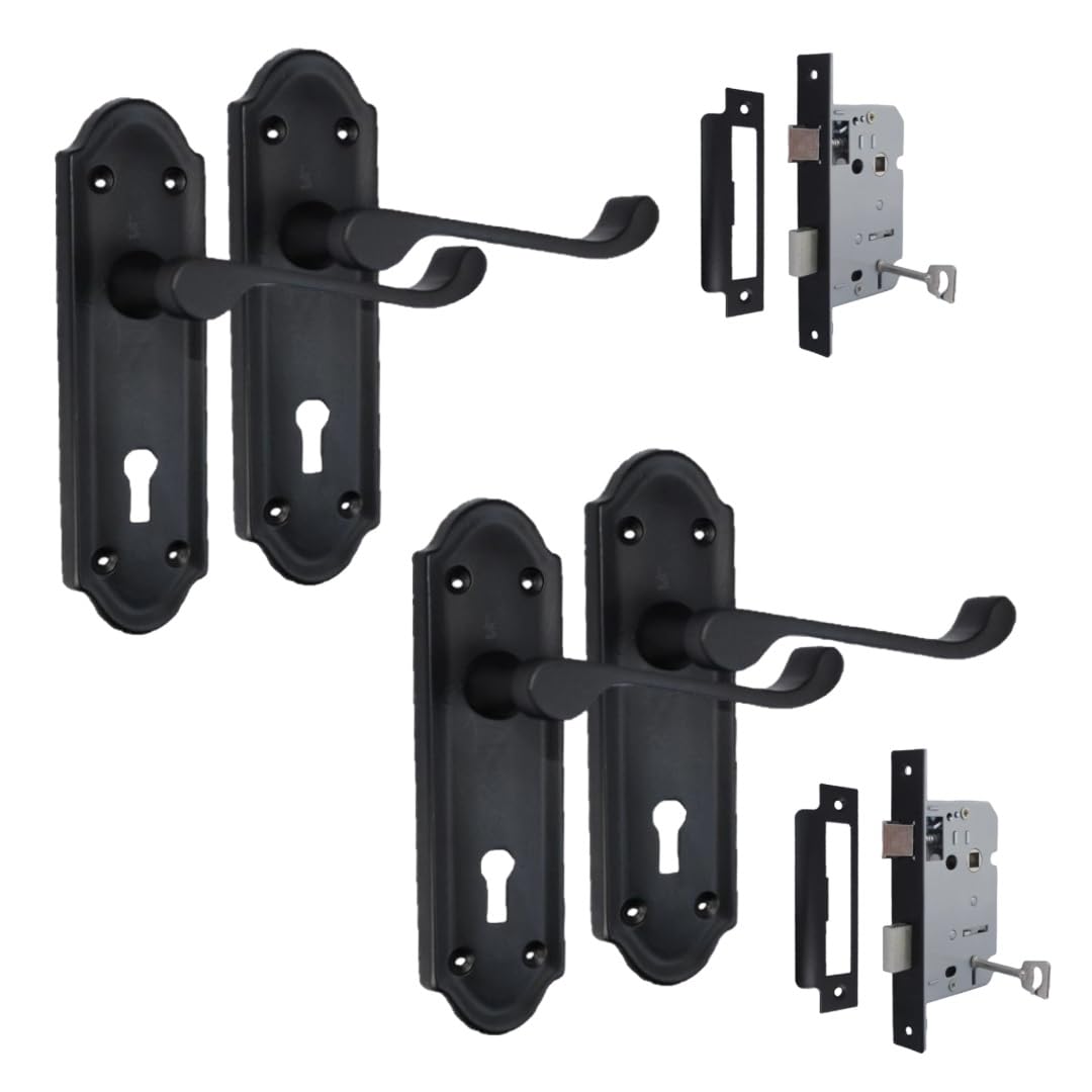 Epsom Door Handle Black Matt Internal Lock Door Handles - Door Handles Internal Sets, Matt Door Handle Set For Internal Doors, Door Handle In Matt (2 Pair Of Lock Handles + 3 Lever Mortice Sash Lock)