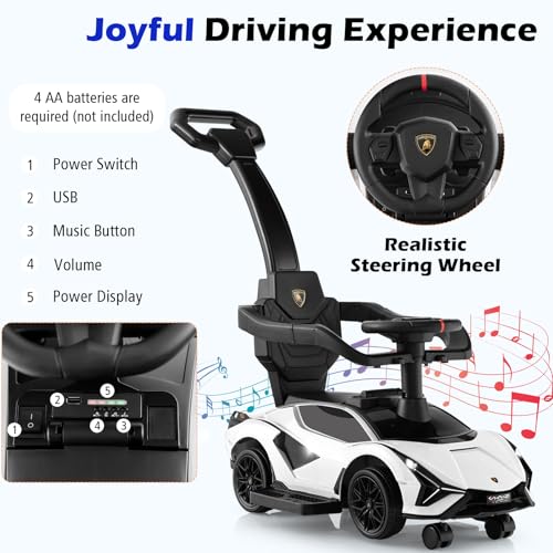 SOARS Lamborghini Rutschauto, Rutschfahrzeug mit Abnehmbarer Schiebstange, Universalrädern, Stauraum, Scheinwerfern, USB-Anschluss, Musik, Spielzeugauto für Kinder ab 1 Jahr (Weiß) – Bild 6