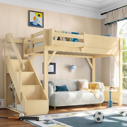 Image of KEIKI Solid Wood Twin Size Loft Bed Frame with Stairs, Built-in Wardrobe and Storage Space, Twin Loft Bed with Shelves, Full-Length Guardrails, No Box Spring Needed for Bedroom, Natural