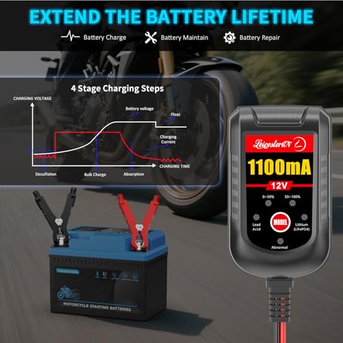 Image of 2 Pack Motorcycle Battery Charger 12V, 1.1Amp Trickle Charger and Maintainer - Smart Automatic Float Charger for Cruiser Sport Bike ATV Scooter Dirt Bike Lawn Mower, LiFePO4 Lead Acid AGM Gel