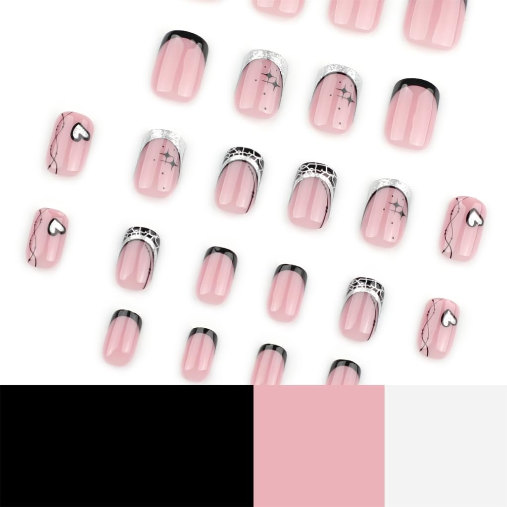 24pcs Valentine's Day Nails Acrylic False Nails Short Square Shape Artificial Nails with Heart Pattern