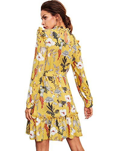 Floerns Women's Long Sleeve Ruffle Trim Self Tie Floral Print Short Dress Yellow M