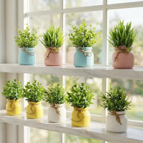 Image of Dekorly Artificial Potted Plants, Artificial Plastic Eucalyptus Plants Small Indoor Potted Houseplants, Small Faux Plants for Home Decor Bathroom Office Farmhouse (Matka Multi Color)