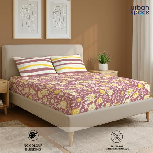 Image of Urban Space 144 TC Divine 100% Cotton Bedsheet for King Bed, Cotton Bedsheet with 2 Pillow Covers (Size 108 x 108 inches, Viola Muddy Pink, King Size)