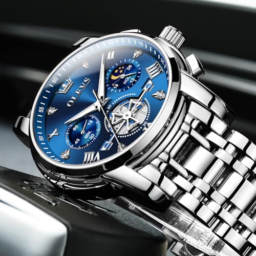 Image of OLEVS Mens Watches Luxury Diamond Calendar Stainless Steel Male Watches Business Dress Waterproof Luminous Fashion Watch for Men