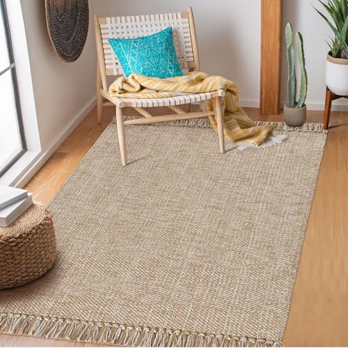 Tapis bohème chambre lavable coton kaki rustique 91x152