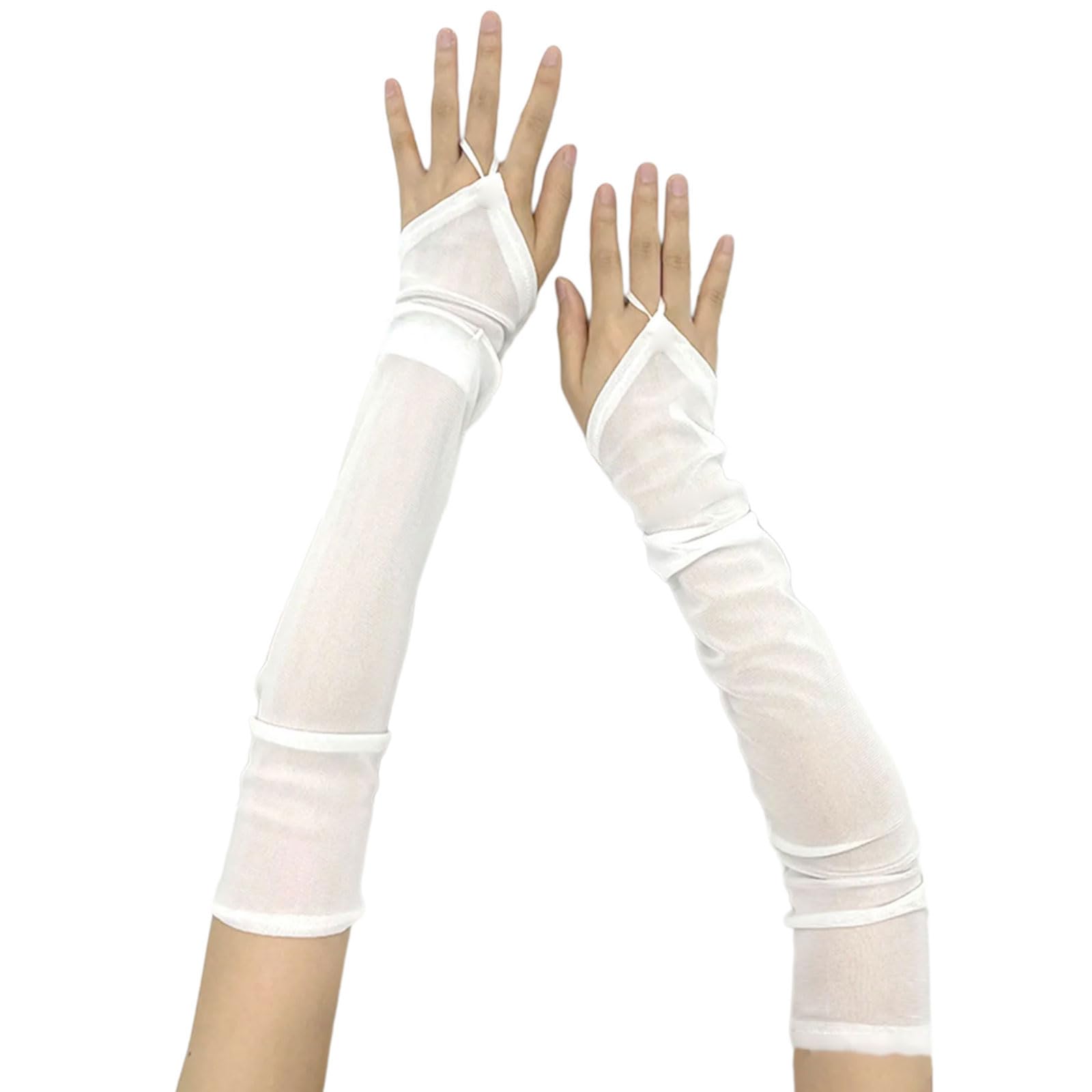Ldabrye Men's White Without Diamon Long Fingerless Tulle Mesh Gloves For Wo Elegant Bridal Sheer Arm Sleeves For Operas And Cosplay Theme Party 1920S
