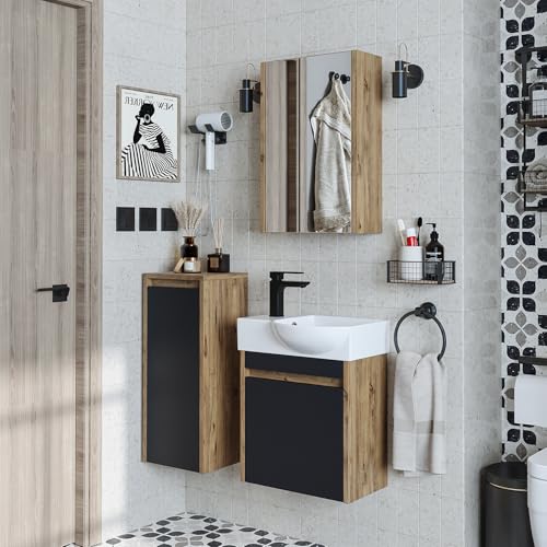 ROOMART Badmöbelset • Leo • Unterschrank mit Waschbecken • Badezimmer Möbel • Gäste WC (Antrazit Eiche, Komplettes Set(Wasserhahn Links))