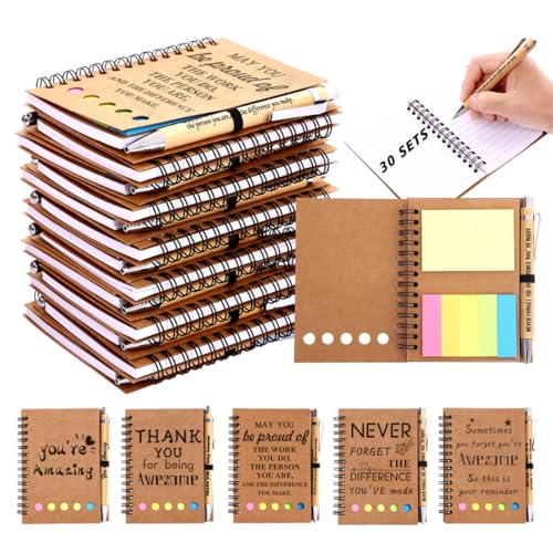 30 Sets Employee Appreciation Gifts Bulk Inspirational Spiral Notebook with Sticky Note and Motivational Bamboo Pens Thank You Gifts for Employees Coworkers Teachers Nurse Office Staff Team Volunteer
