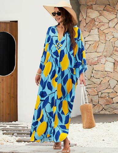 Image of MAKABO Kaftan Dresses for Women, V Neck Moo Moos Colorful Print Cover Ups Caftan Beach Dresses for Swimwear