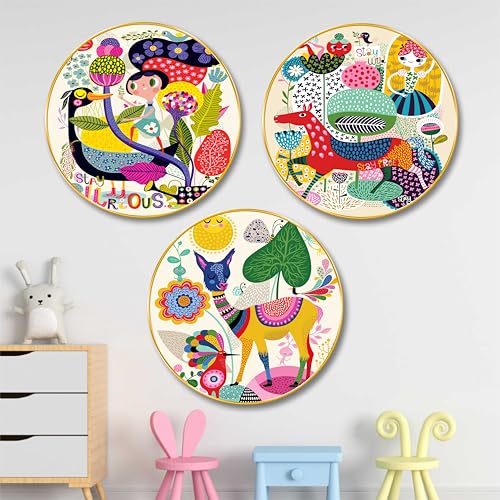 Image of Livin'luxe Set of 3 Round Cartoon Animal Wall Art | Premium Sparkle with Golden Frame Decorative Panels | Colorful Kids Room Wall Hanging| Nursery Jungle Theme Wall Decor for Home & Play School 16 In