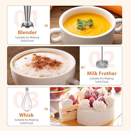 KOIOS Immersion Blender, 1000W Anti-scratch 3-in-1 Hand Blender, Upgraded 12 Speed Stainless Steel Blade Stick Blenders with Turbo Mode, Whisk and Milk Frother, Non-BPA image 6