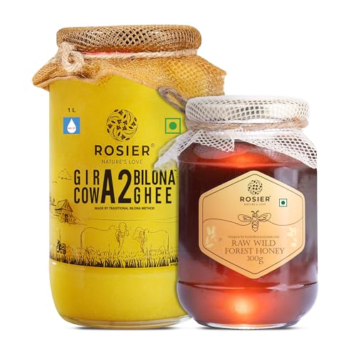 ROSIER A2 Pure Gir Cow Ghee | (1L Ghee + 300gm Honey) | Traditional Bilona Method A2 Cow Ghee | Wild Forest Himalayan Honey | Grassfed, Pure and Healthy Desi Cow Ghee | Combo Pack (Pack of 2)