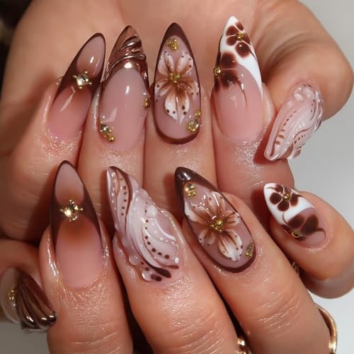 CUZIAM Brown Press on Nails Medium Almond Fake Nails with 3D Flower Design Glossy Maroon Glue on Nails Water Ripple Rhinestones Full Cover Stick on Nails Reusable Fall Winter Nail for Women 24PCS