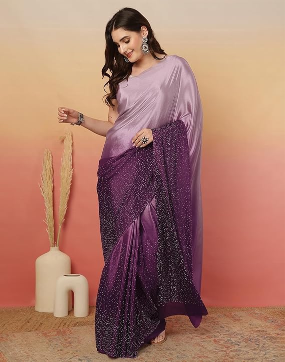 Latest Women's Satin Silk Hot Fixing Stone Work Saree with Unstitched Blouse piece.
