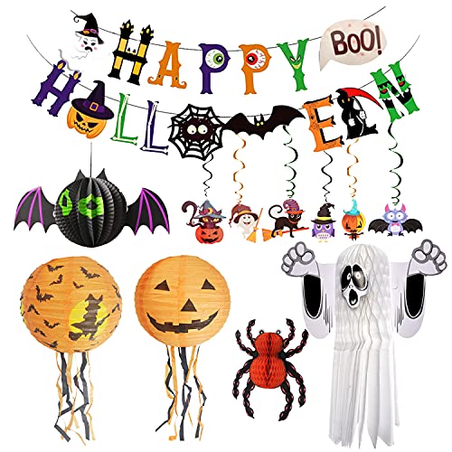 Xnuoyo Halloween Decorations Paper Lanterns, Halloween Hanging Paper Lanterns Set, Spider Pumpkin Lantern, Pumpkin Lantern Spider Bat Lantern for Halloween Party Deco (7 Pack)
