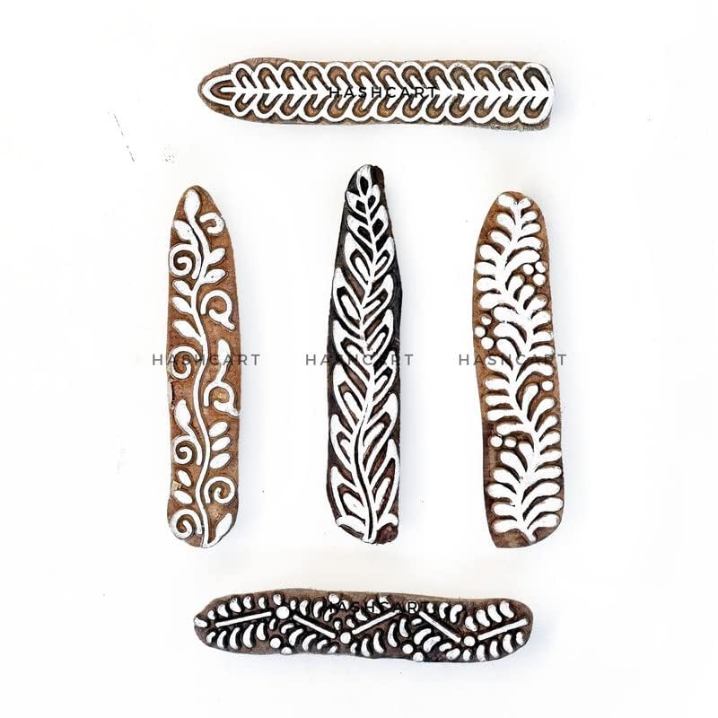 HASHCART® Fabric Wooden Stamps Creative Border Pattern Printing Blocks - Set of 5, Ink Stamps, Wood Blocks for Crafting on Fabric, Clay & Henna Tattoo, Wood Stamps for Craft