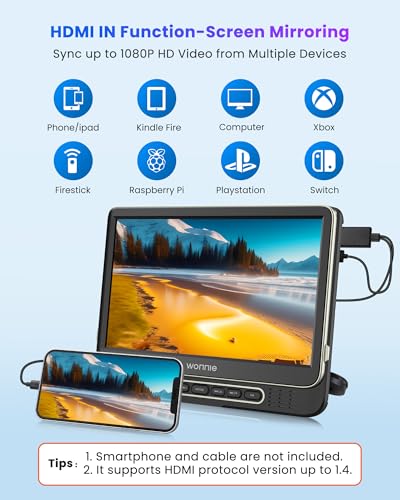 Car DVD Player, WONNIE 12" Portable DVD Player with Headrest Mount, Support 1080P/MP4 Video, HDMI Input/Output, AV Out, AC Adapter, Car Charger, USB Card Reader, Last Memory, All Regions - Image 5