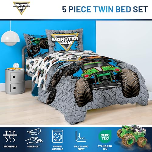 Image of Monster Jam Twin Comforter Set 5 Piece Kids Sports Bedding for Boys, Gray
