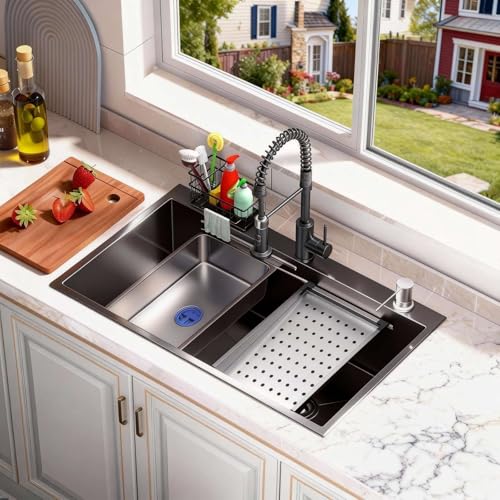 30”x18” Black Stainless Steel Topmount Kitchen Sink Set, Single Bowl Drop-In Sink with Matte...