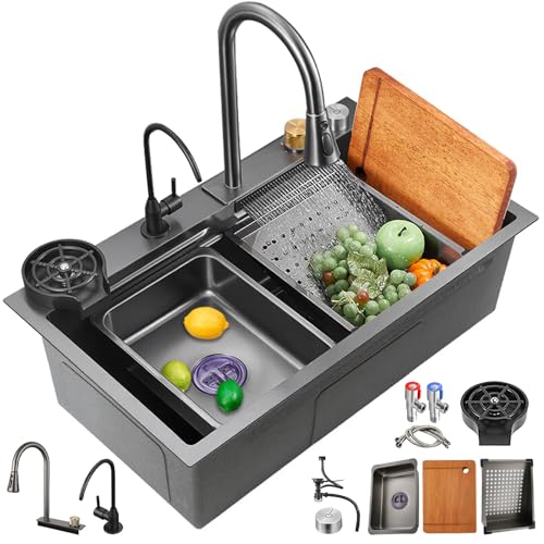 JETXYHUB Fregadero individual de cocina gris y negro, 85 x 50 cm, gran fregadero de estación de trabajo con grifo de cascada, fregadero de acero inoxidable para cocina y mostrador de bar, accesorios