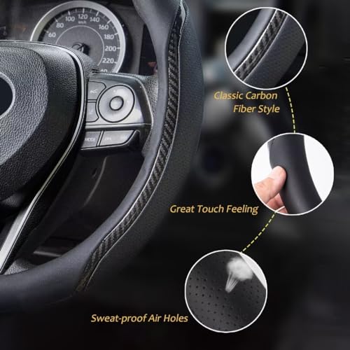 Muamos Steering Wheel Cover Black, Carbon Fiber Car Steering Wheel Covers with Coasters Universal 14.5-15 inch Leather Microfiber Breathable Anti-Slip Steering Wheel Accessories Set - Image 4