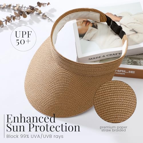 Image of Beach Sun Straw Hats for Women, UPF 50+ UV Sun Protection Wide Brim Summer Straw Hat Foldable Packable Roll up Cap