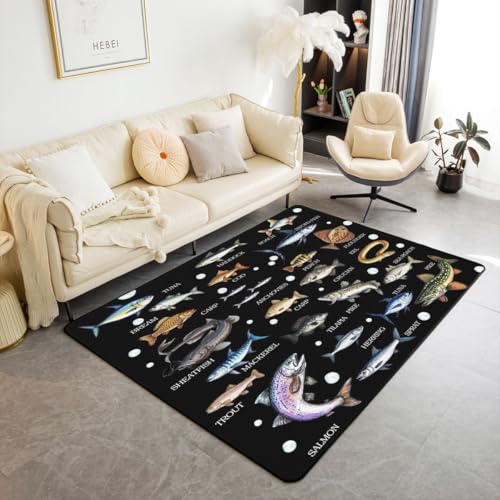 Loussiesd Alfombra de poliéster de 150 x 200 cm, para sala de estar, para dormitorio, pesca y caza, decoración de regalos para pescadores, tapete de interior negro, suave, antideslizante