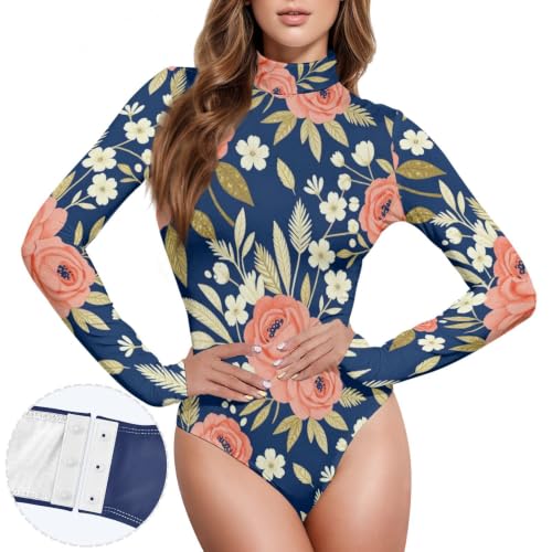 Corsé de manga larga para mujer GuoChe body azul marino eotard cuello alto sutil 2