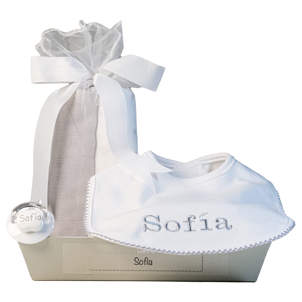 Regalos Originales para Bebés Recién Nacidos | Babero bordado con interior plastificado (Babero + 2 Muselinas | Gris) | BebeDeParis